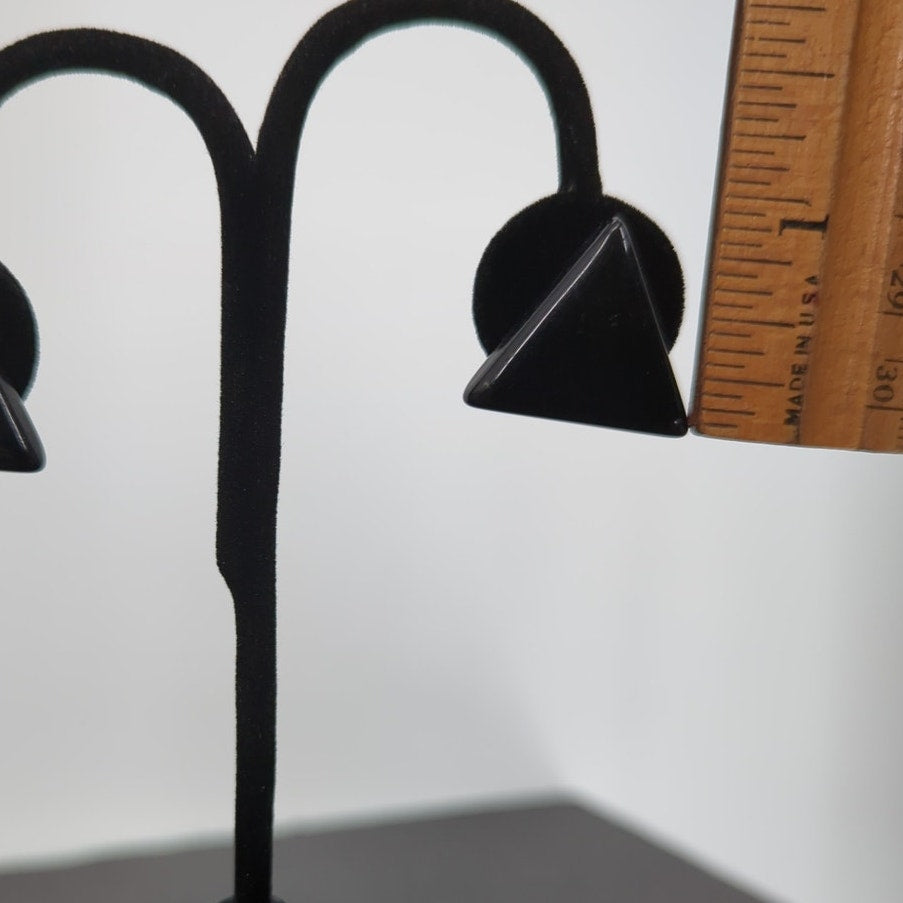 Vintage 1980s Black Geometric Triangle Stud Earrings Beveled Edge Avant-Garde