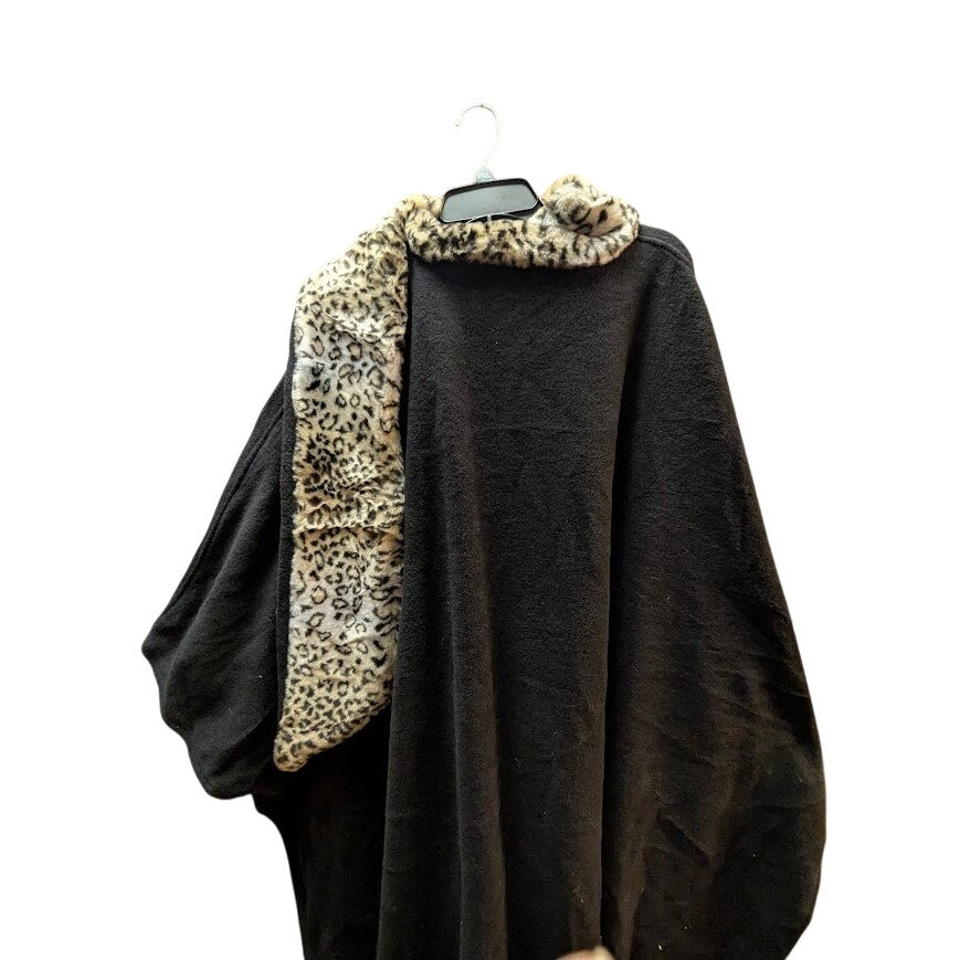 Prest'd Black Poncho Cheetah Faux Fur Trim Scarf One Size Glam
