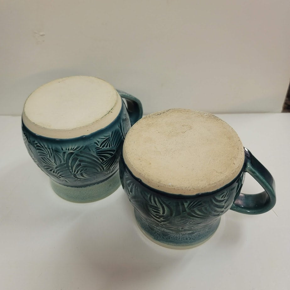 Pair Handmade art pottery mug 2 cups green coffee tea Blue etched design Signed