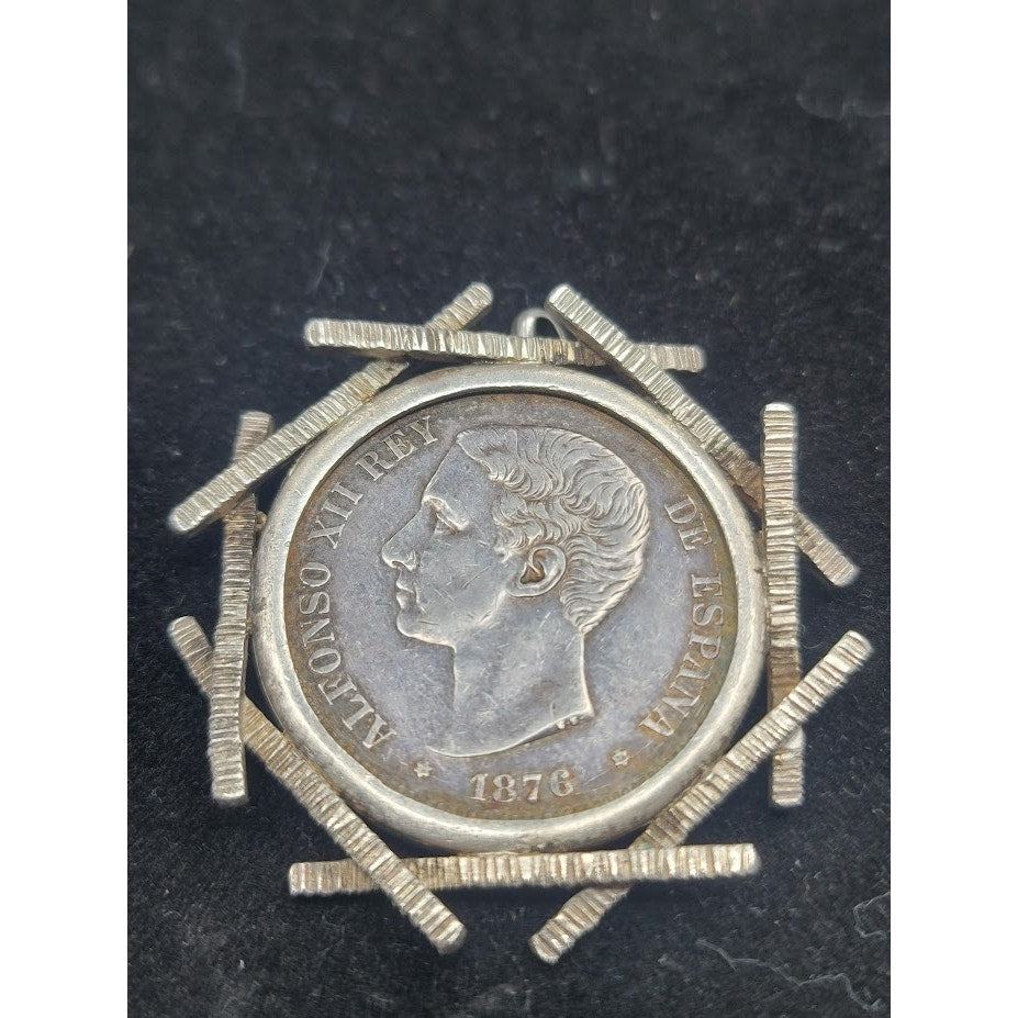 Vintage Spanish 5 Pesetas Brutalist Numismatic coin Pendant Silver Brooch Art