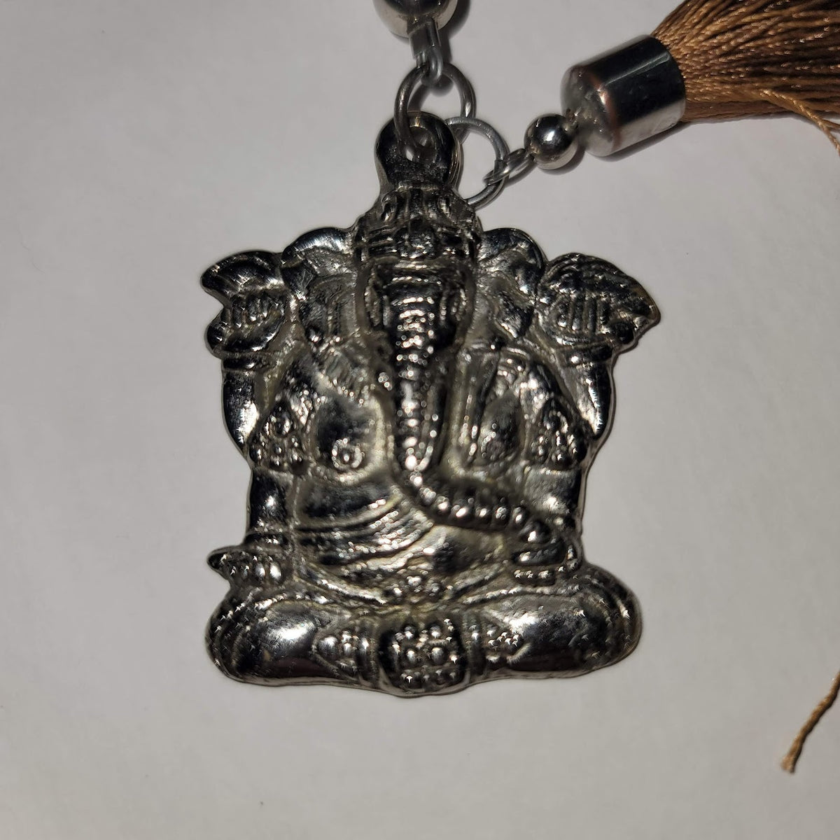 Wood Metal silver tone elephant Ganesh pendant Single Strand Necklace tassel