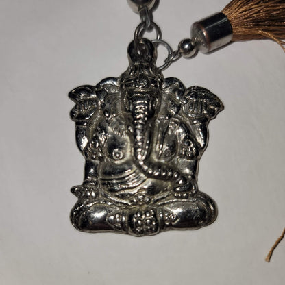 Wood Metal silver tone elephant Ganesh pendant Single Strand Necklace tassel