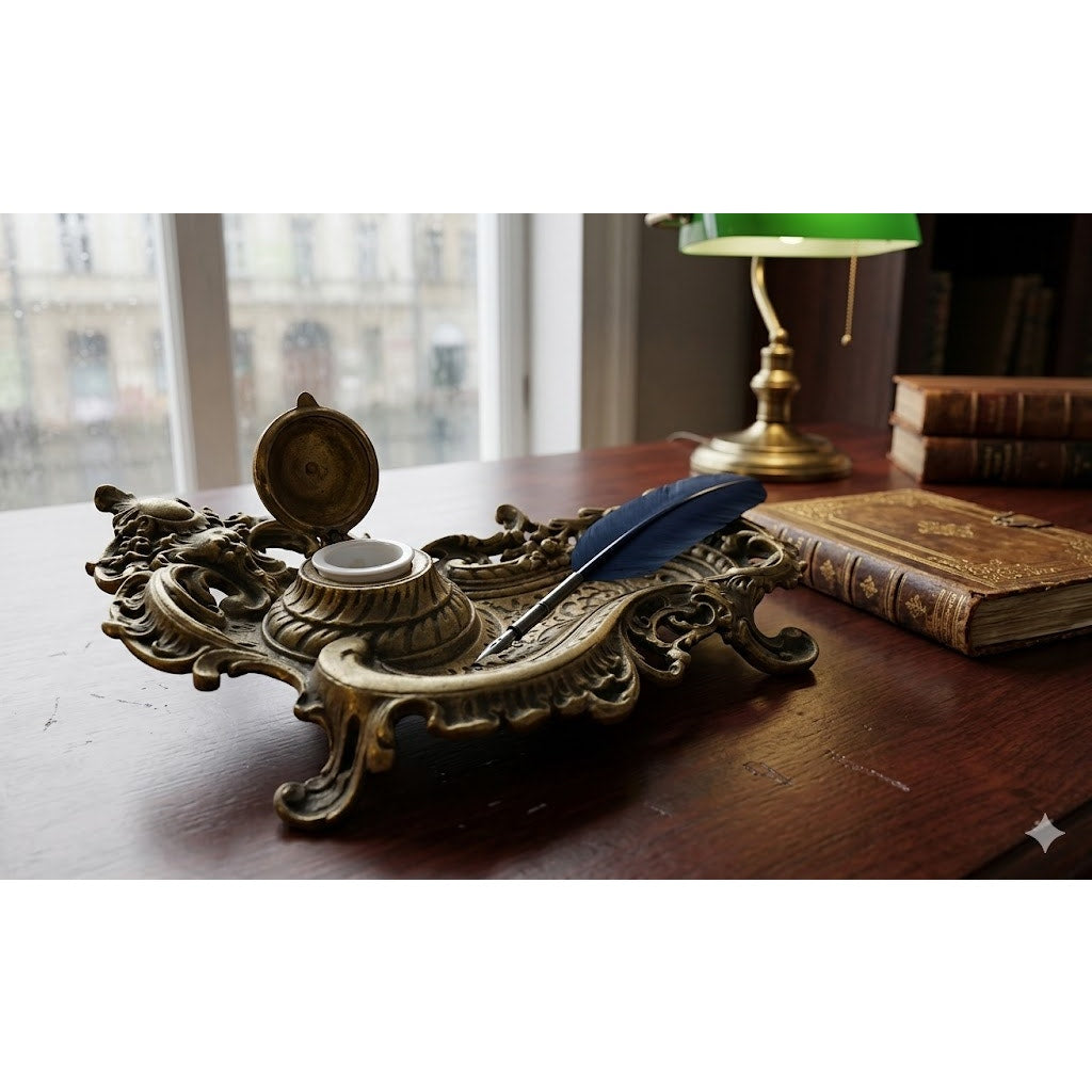 Antique Ornate Brass Grotesque Mascaron Inkwell Victorian Rococo Pen Tray