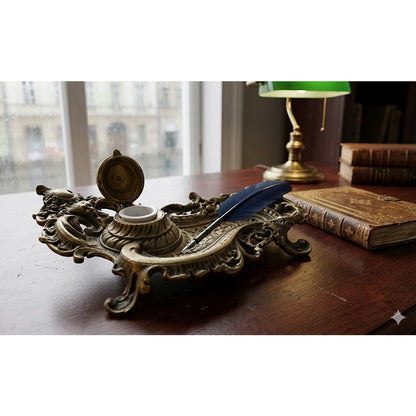 Antique Ornate Brass Grotesque Mascaron Inkwell Victorian Rococo Pen Tray
