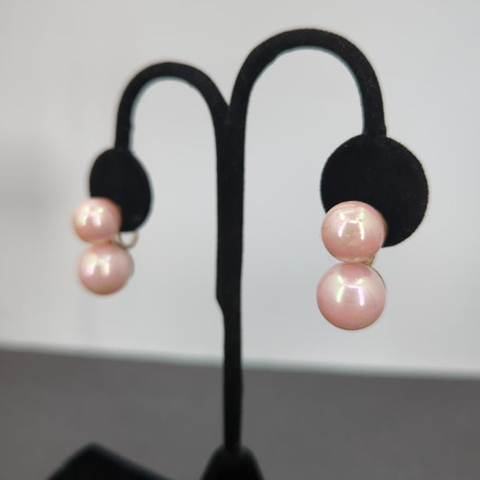 Vintage Pink Beads Double Faux Pearl Screw Back Earrings Coquette lovercore