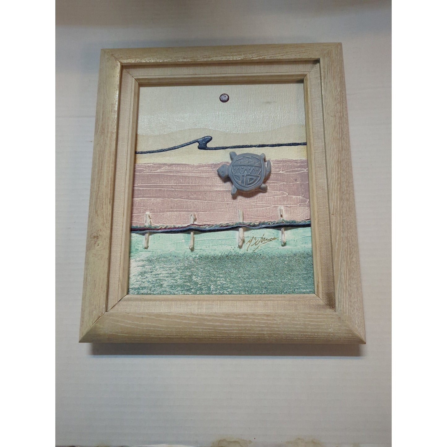 Vintage 1980s Patrick McNurney Original Mix Media Abstract Coastal Turtle Frame
