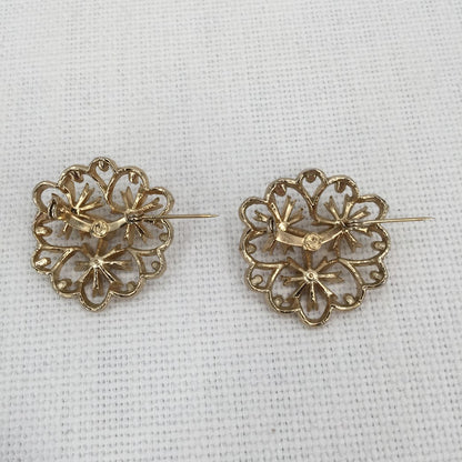 renaissance revival brooches PAIR of two matching pins goldtone faux emerald