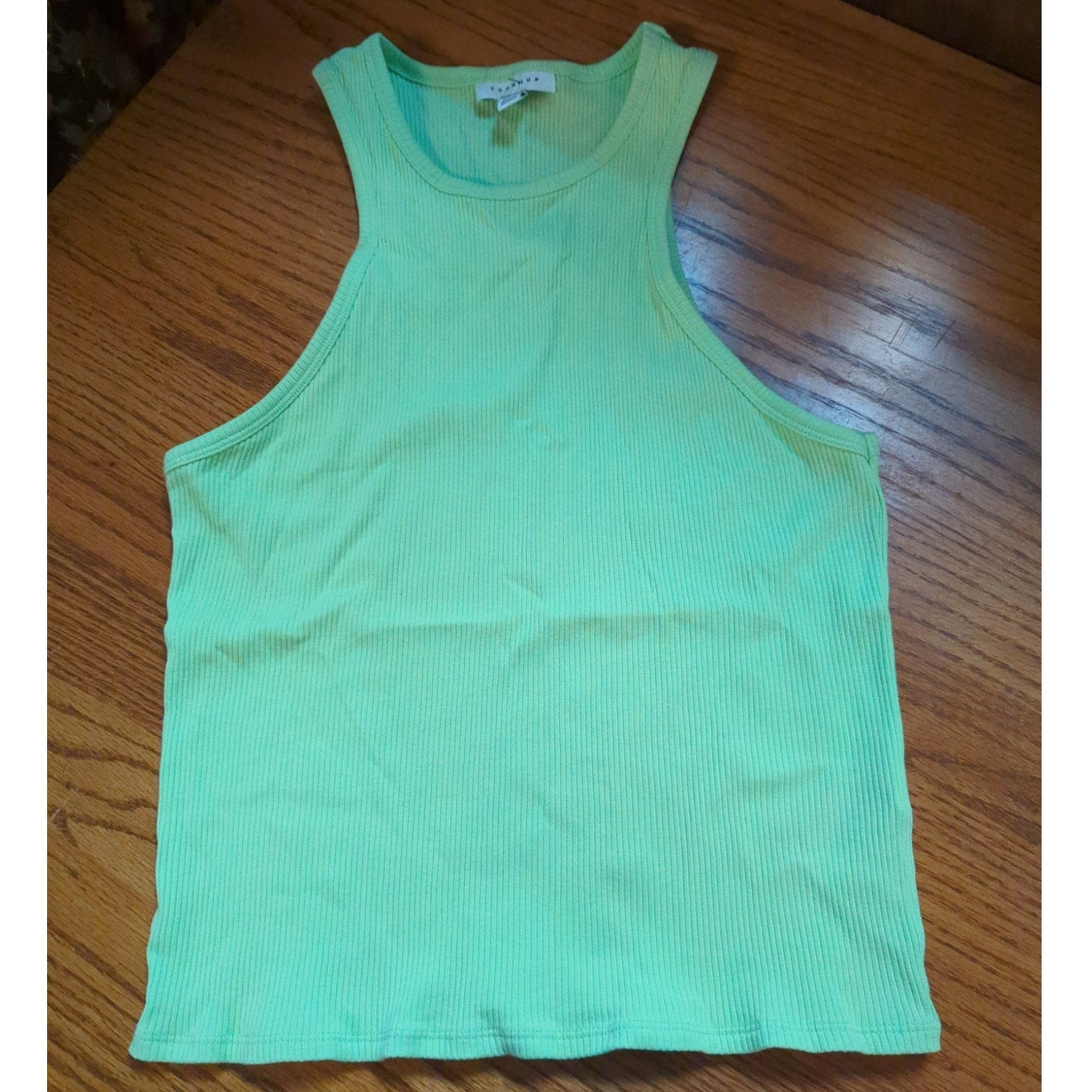 Topshop Lime Green Ribbed High Neck Tank Top Size 14 NEW casual layering