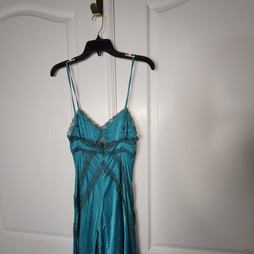 Vintage Turquoise Teal Silk Beaded Halter Slip Dress Size Medium