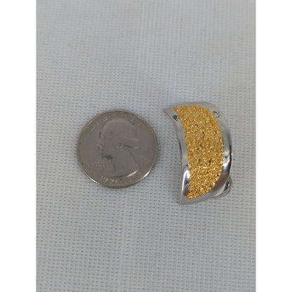 Vintage 90s Two Tone Gold Glitter Crescent Moon Clip On Statement Earrings