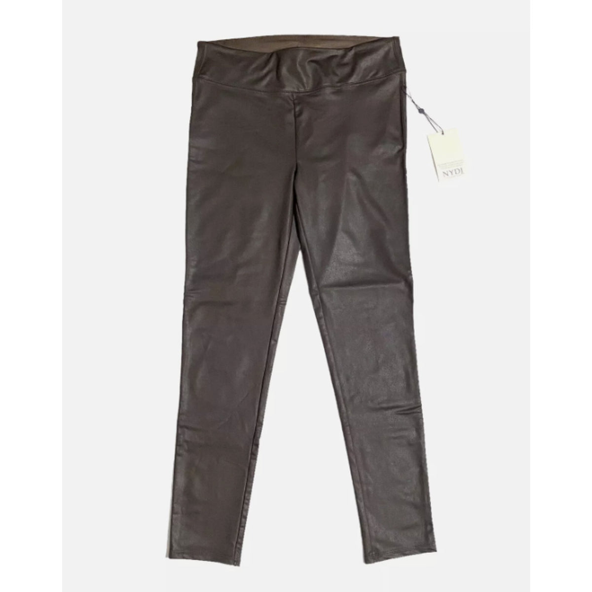 NEW NYDJ Espresso Brown Coated Faux Leather Stretchy Pants Leggings SMALL TRAVEL