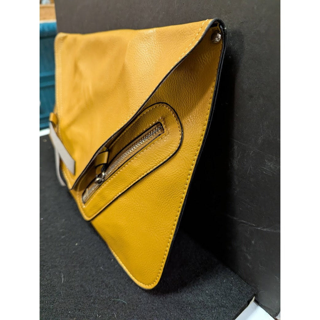 Vegan Faux Pebbled Leather Mustard Yellow bag Clutch Purse Front zip pockets