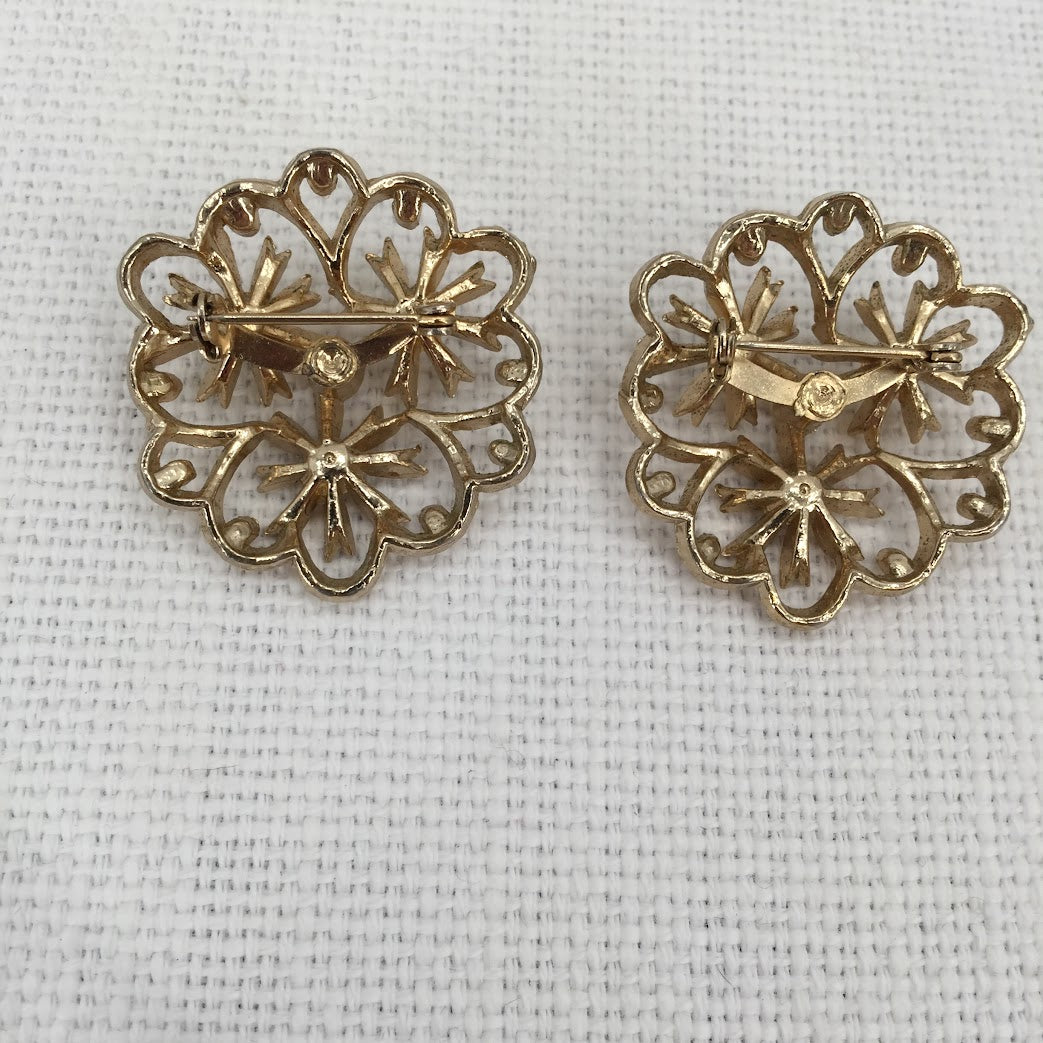 renaissance revival brooches PAIR of two matching pins goldtone faux emerald