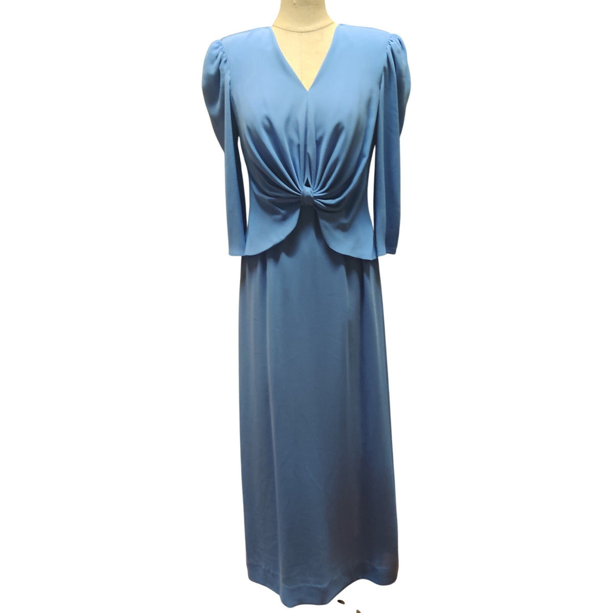Vintage Elliette California Blue Maxi Dress 80s Shoulder Pads Pleated Regency