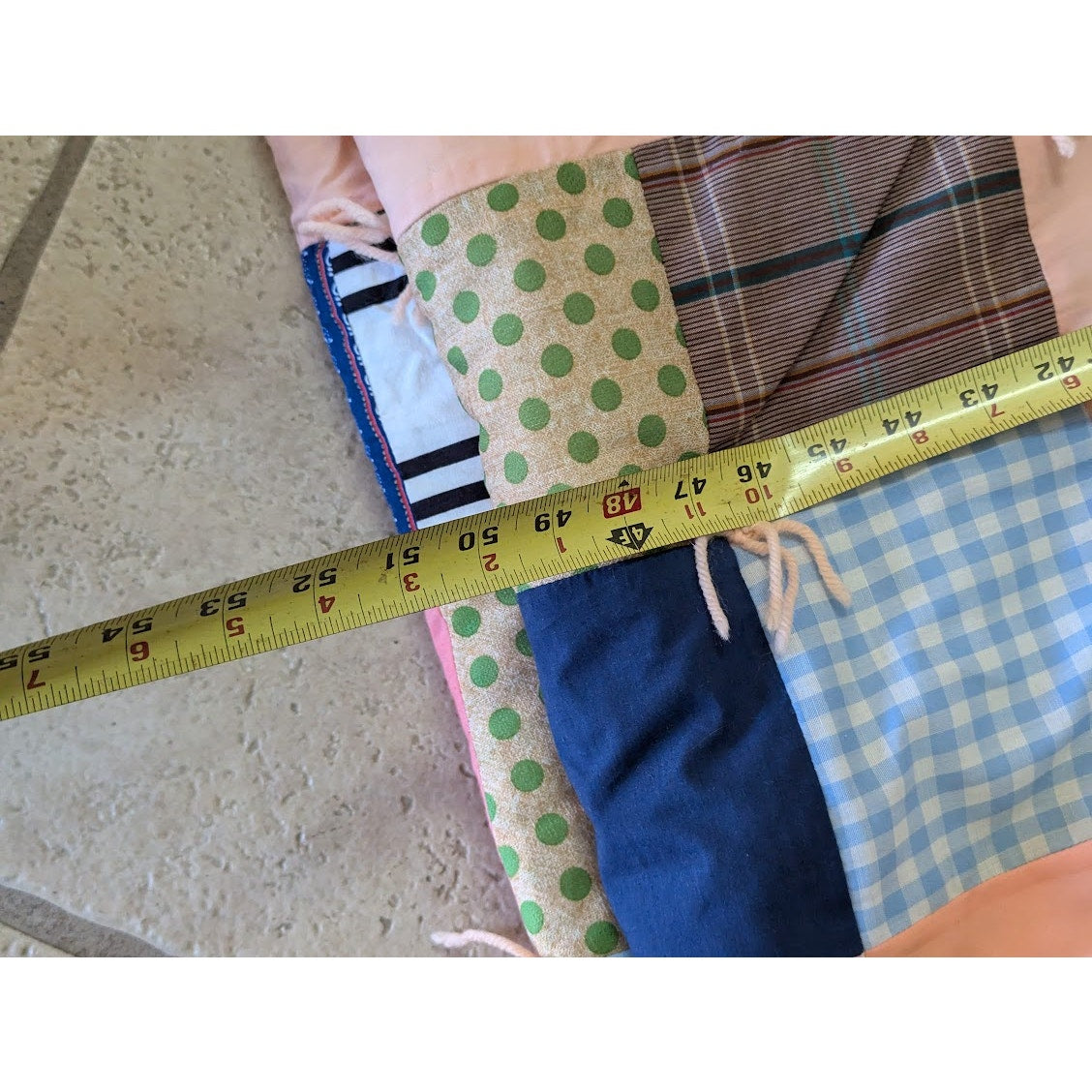 Handmade Patchwork Quilt Peach Yarn tassel 96" x 103"  Cabin Vintage KING/QUEEN