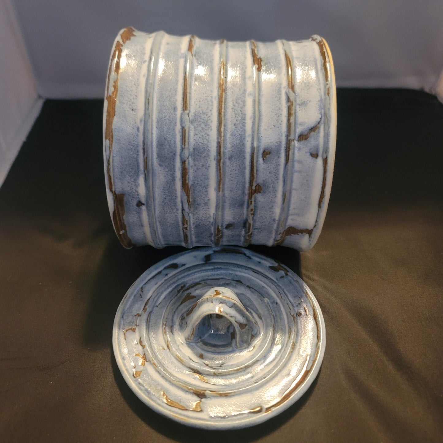 Vintage Studio Pottery Ribbed Ceramic Lidded Canister Jar MidCentury Modern Boho