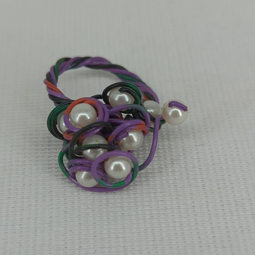 Size 7 Handmade Custom wire and pearl ring cluster Statement Telephone OOAK