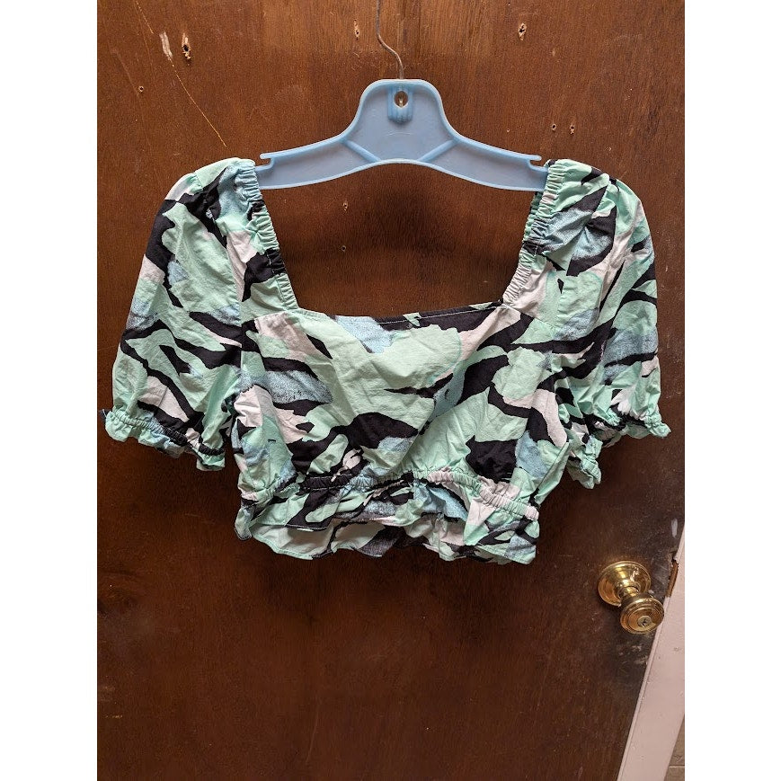 NEW BP. Green Painted Crop Top Pouf Sleeve Size Small