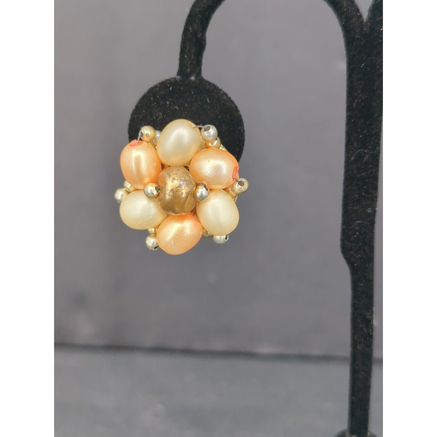 Vintage Faux Pearl Rhinestone Cluster Gold Tone Clip On Earrings Hong Kong