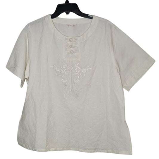 White Womens Tunic Blouse Size Medium Side Slit Embrodiery front short sleeve