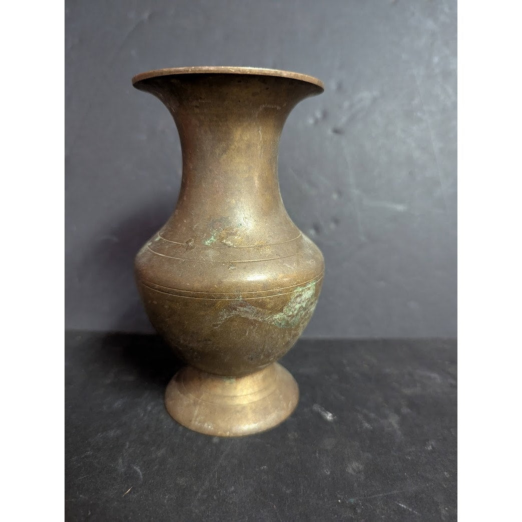 Antique 6" banded brass vase footed Patina flared neck round body Far East