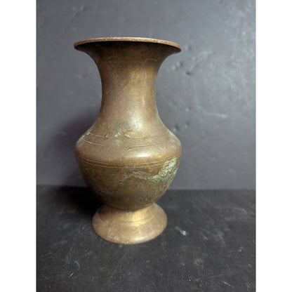 Antique 6" banded brass vase footed Patina flared neck round body Far East