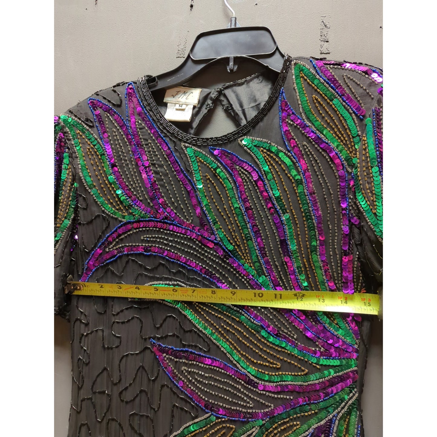 Vintage 1980 Sequin Silk Beaded cocktail Black dress green Design purple Medium