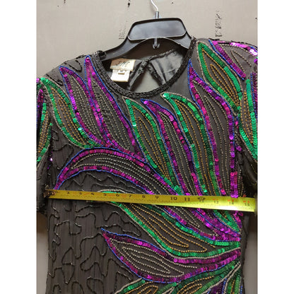 Vintage 1980 Sequin Silk Beaded cocktail Black dress green Design purple Medium