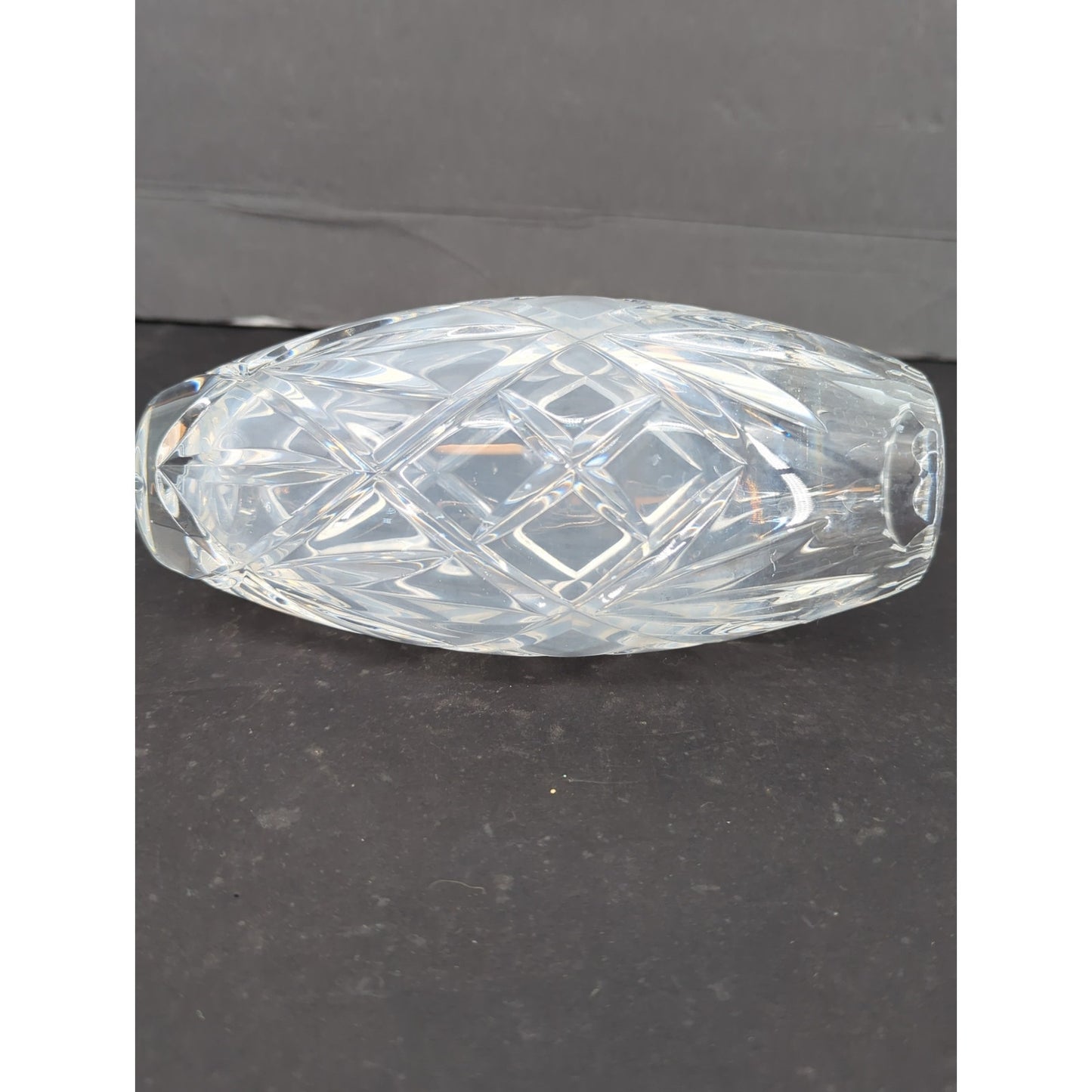 Vintage Crystal Cut Glass Flower Vase Oval Barrel Shape Diamond Pattern 8"