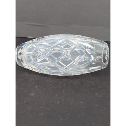 Vintage Crystal Cut Glass Flower Vase Oval Barrel Shape Diamond Pattern 8"