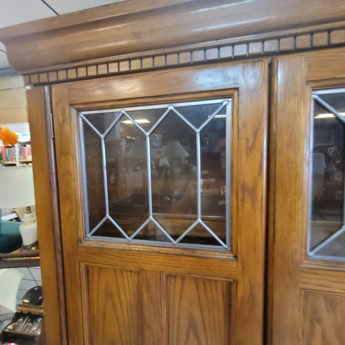 Secondhand Sandies; Solid wood leaded glass office desk crafting cabinet double door