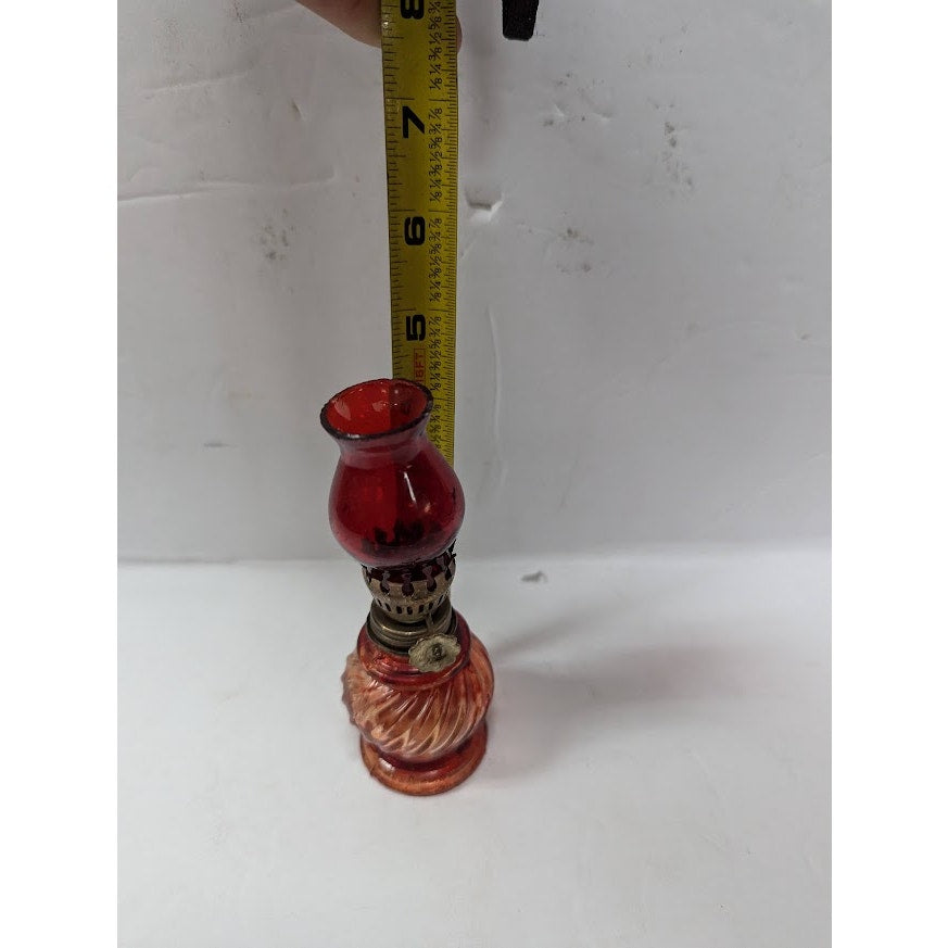 Vintage GLASS miniature oil hurricane lamp textured 1960s Flash painted Red
