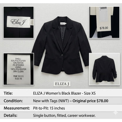 Eliza J Black Blazer Jacket XS Career Casual Work Orig. $78 One button career