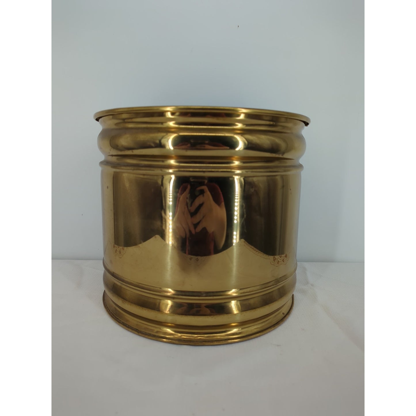 Vintage MCM brass banded planter 9" x 8"  Cylindrical pot bin Hollywood Regency
