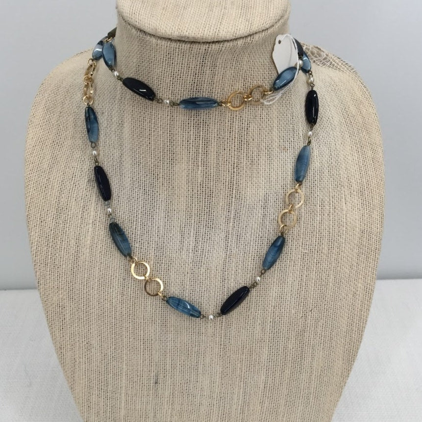 Vintage Necklace Single Strand Blue & Black Glass Oblong Beads Faux Pearl