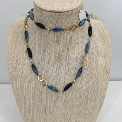 Vintage Necklace Single Strand Blue & Black Glass Oblong Beads Faux Pearl