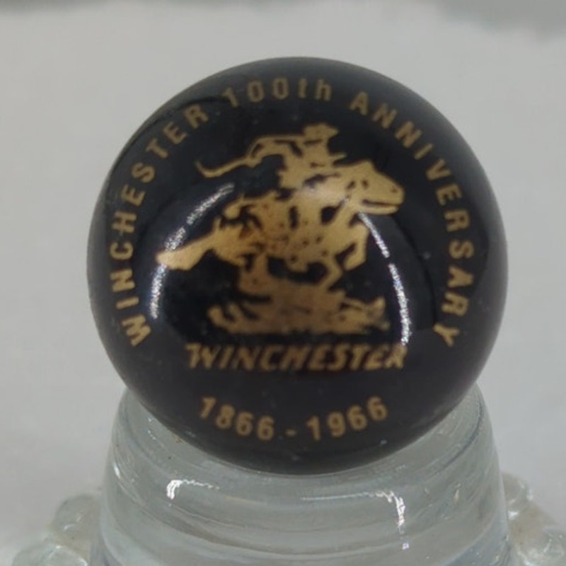 Vintage Winchester Repeating Arms Glass Marble Black Gold Emblem Shooter 1" #AB