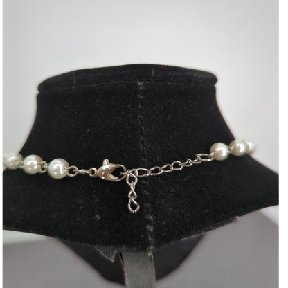 Vtg. Faux Pearl Facett Bead Necklace Earrings Set SilverTone Bridal Wedding Glam