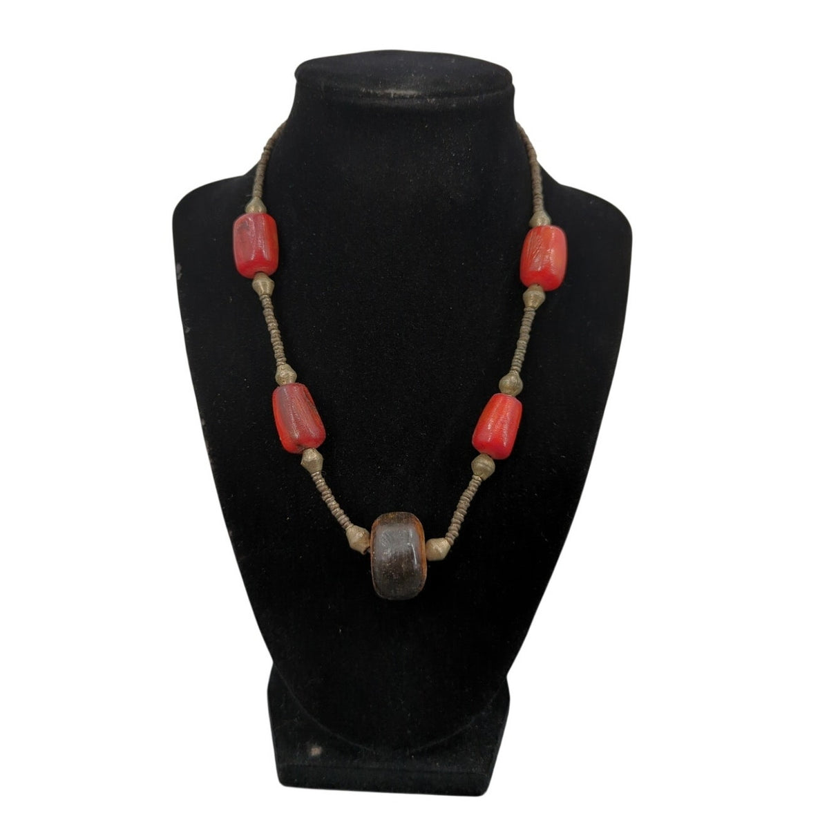 Vintage Boho Chunky Burnt Orange Resin & Carved Wood Bead Necklace statement