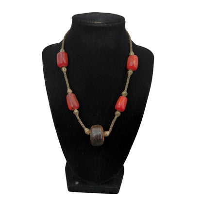 Vintage Boho Chunky Burnt Orange Resin & Carved Wood Bead Necklace statement