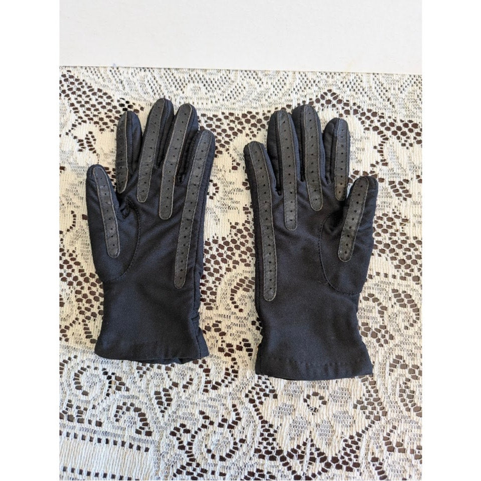 Vintage Black Ruched Driving Gloves with Gold Chevron Accent