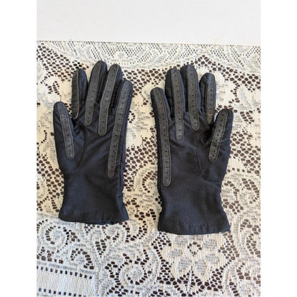 Vintage Black Ruched Driving Gloves with Gold Chevron Accent