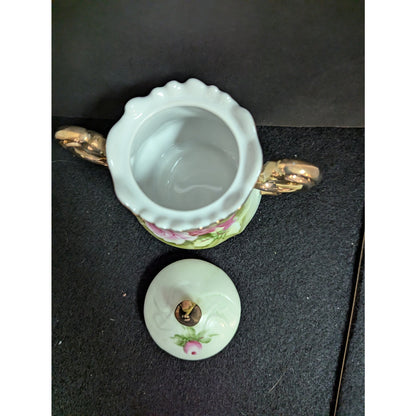 Vintage Lefton Green Rose Lidded Sugar Bowl Porcelain Gold Gilt 3066