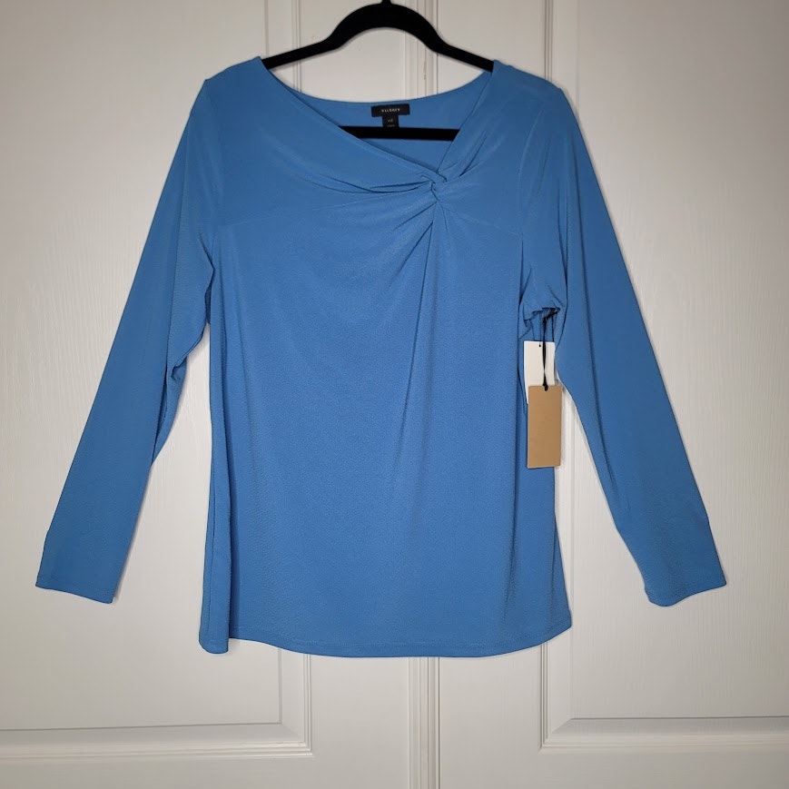 Halogen Vintage Chic Blue Long Sleeve Asymmetrical Ruched Neck Top Size XXL NWT
