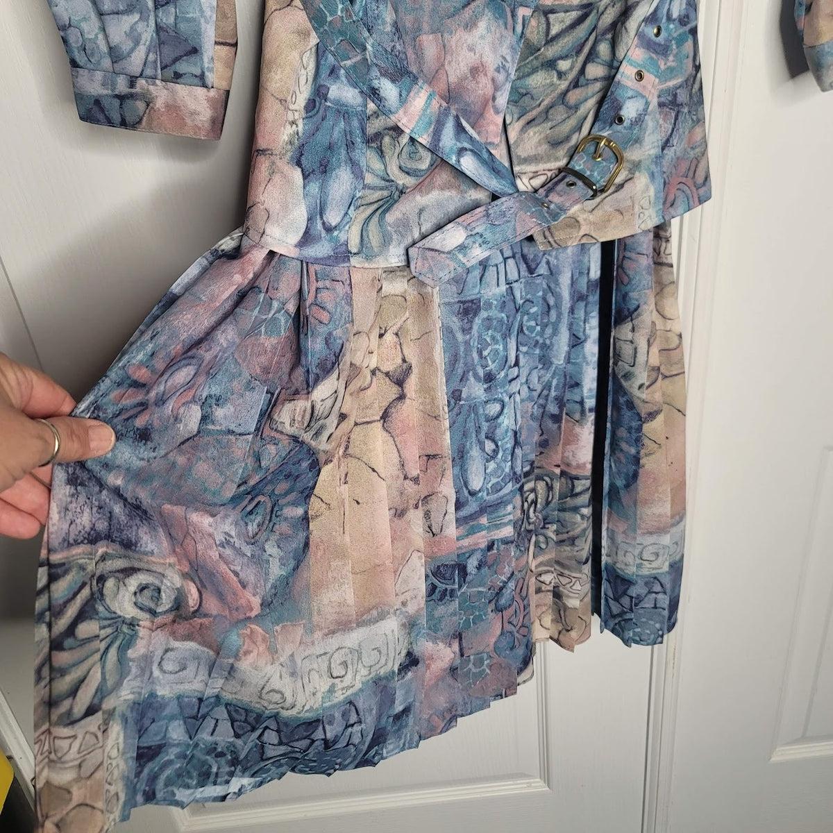 Canda 80s Vintage Pleated Geometric Multi Blue Dress Belted Long Sleeve Large