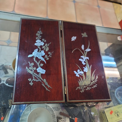 Vintage Chinoiserie 4-Panel Tabletop Screen | Silver Metal Inlay Art