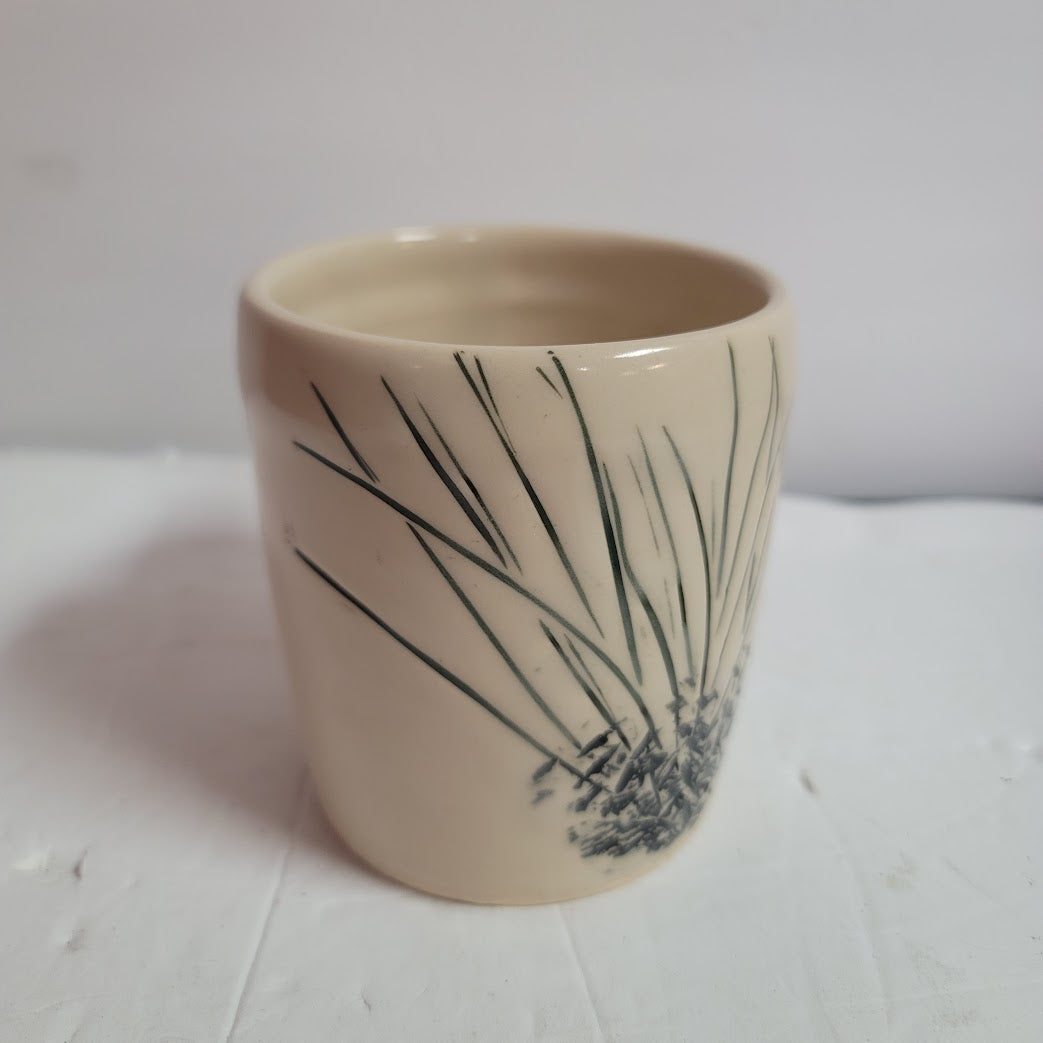 Handmade Cream and black reeds coffee mug signed KB art pottery organic