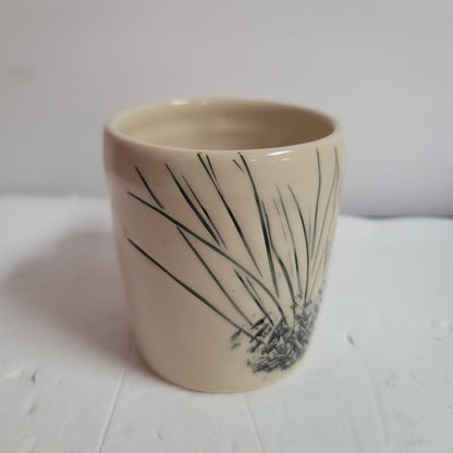 Handmade Cream and black reeds coffee mug signed KB art pottery organic