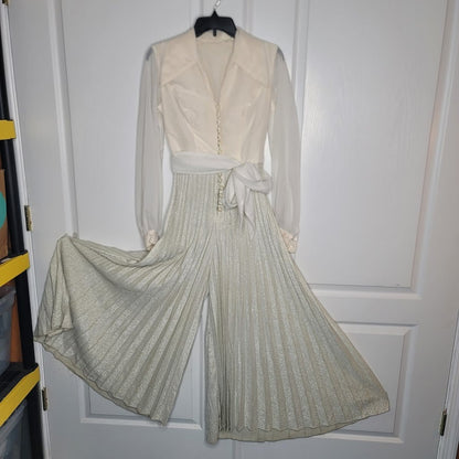 Vintage WIDE pleated silver Bell Bottom Jumpsuit 1 PIECE chiffon top belt Medium