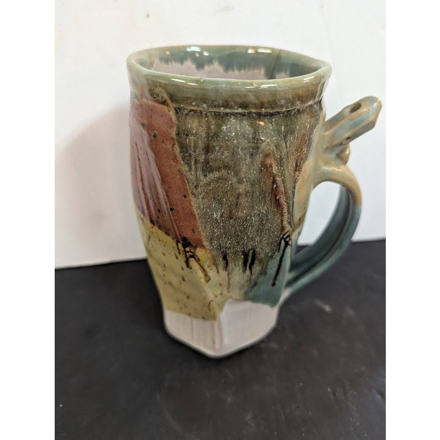 Vintage Handmade Pottery Mugs by Schmidt Green Tan Whistle Wenching Earthy Style